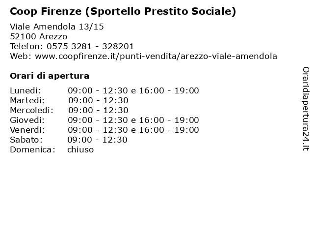 Orari di apertura Coop Firenze Sportello Prestito Sociale